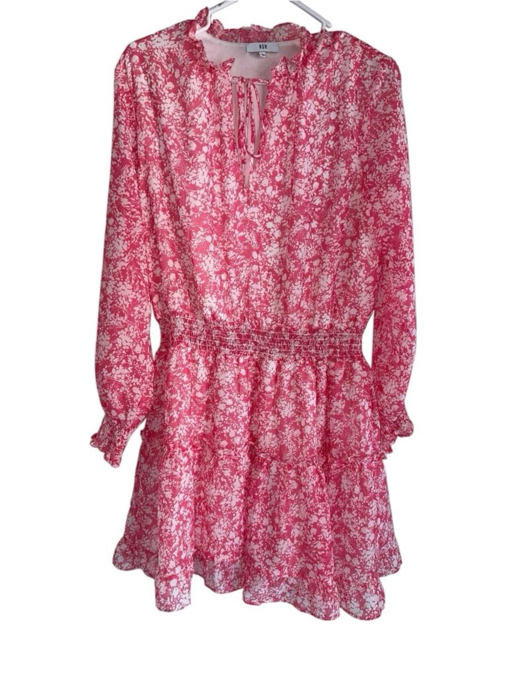 NSR Long Sleeve Ruffle Tiered Smocked Mini Dress L Pink Floral Boho Twee Cottage
